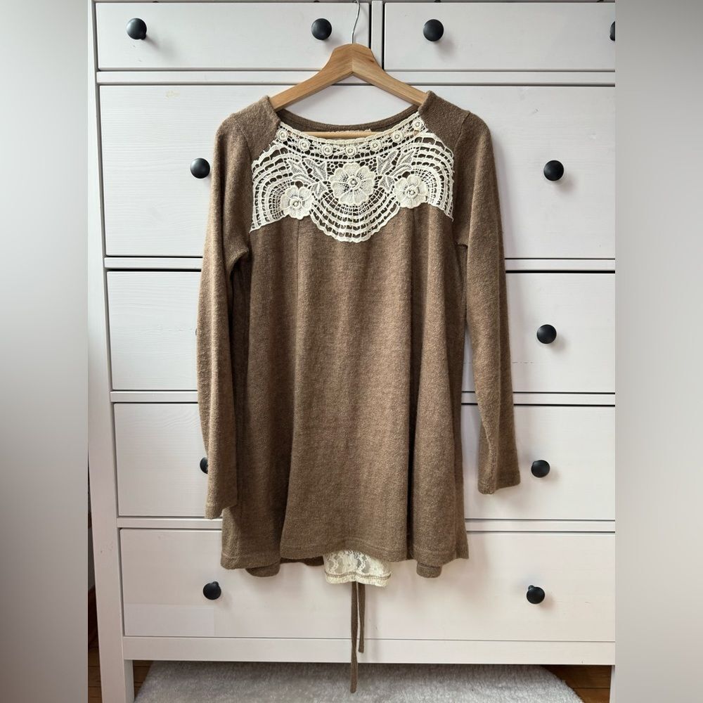 A’REVE Brown  Lace Fuzzy long Sweater tunic  size M lace on the back boho top